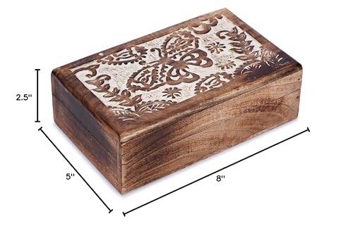 Ajuny Hand Crafted Wooden Decorative Jewelry Box - Butterfly Design Carved Multipurpose Handmade Treasure Chest Trinket Holder Keepsake Storage Organiser Best Gift 8x5 Inch