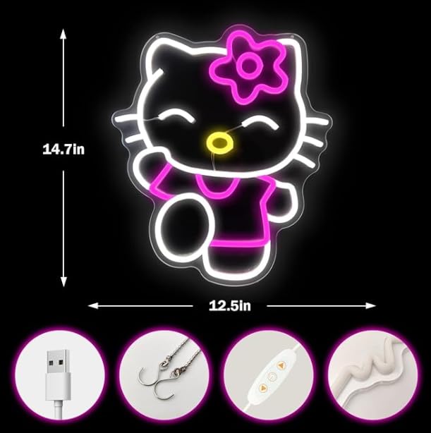 For Kitty Neon Sign Dimmable Kitty Signs Kawaii Cat Anime Neon Led Sign Room Decor Lights for Girl's Room Child Bedroom Birthday Halloween Christmas Gift 14.7’’x12.5’’