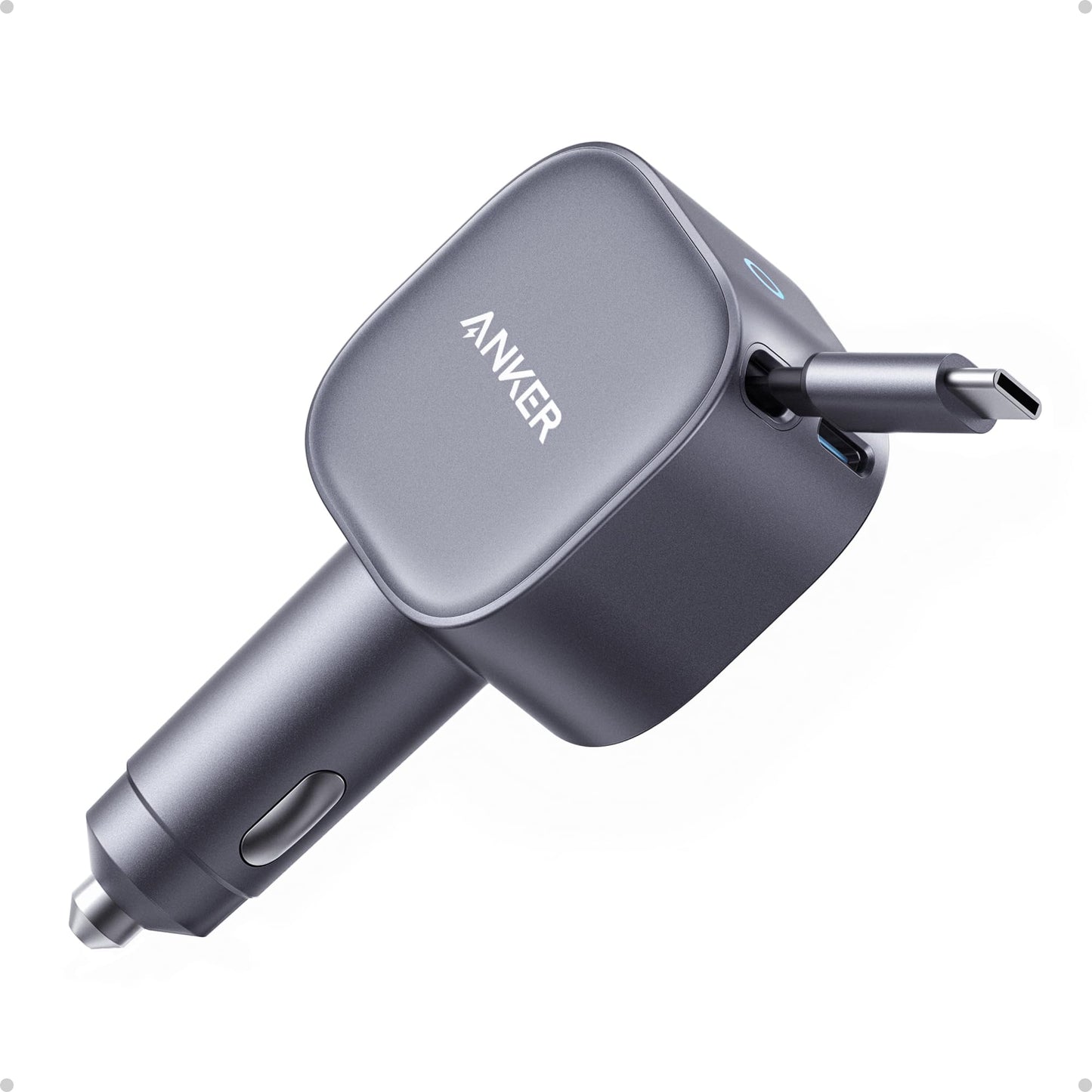 Anker USB-C Car Charger, 75W Max Ultra-Compact Type-C Fast Car Charger with Built-in Retractable Cable Car Adapter for iPhone 15/14 Series, Samsung S24/S23, MacBookPro/Air, iPad, and More