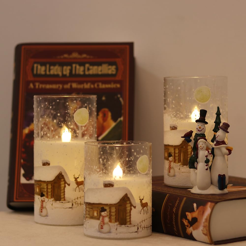 DRomance Snowman Glass Flameless Candles Battery Operated with Remote and Timer Real Wax LED Flickering Pillar Candles White Cold Light Window Christmas Holiday Decor D3 x 4",5",6"