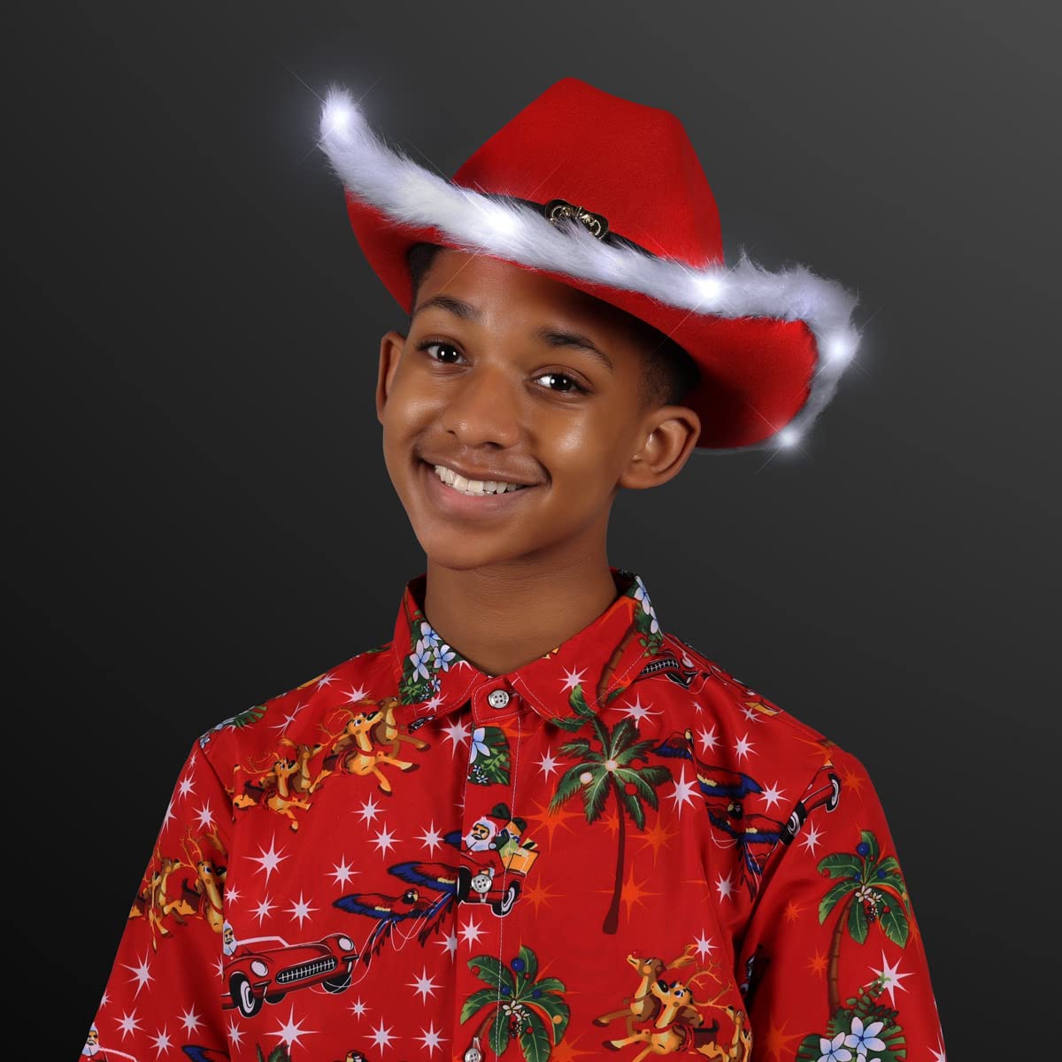 Light Up LED Red and White Santa Claus Christmas Cowboy Hat