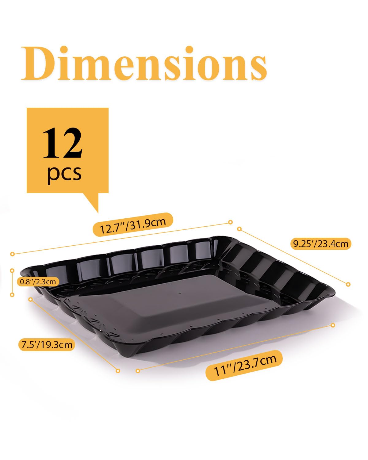 BESTVIP Black Plastic Serving Trays -12 Pack 9x13 Rectangle Flower - Edged Platters for Events, Weddings, Daily Meals, Parties, Snacking, Crafting & Pet Feeding