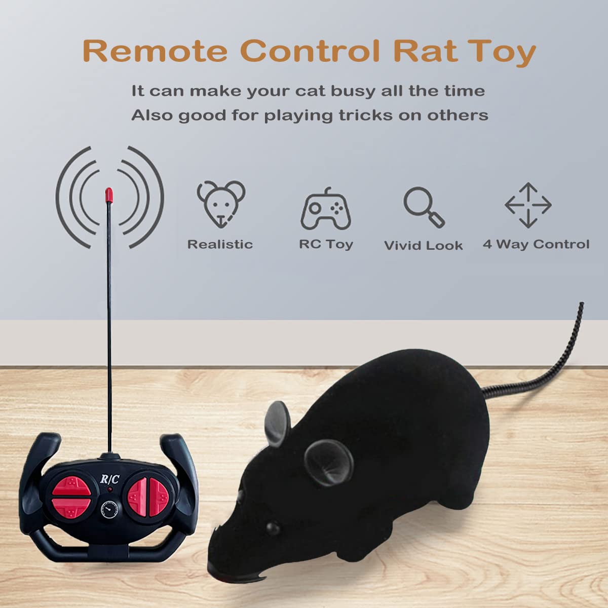 Giveme5 Remote Control Fake Rat Realistic Mouse Cat Toy Mice RC Toy Cat Mice Animal Interactive Toy Figures Cat Running Wheel Wireless Chasing Prank Joke Scary Trick Rats for Cat Funny Toy (Black)