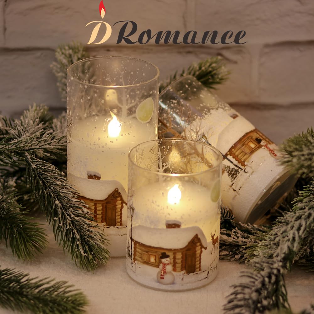 DRomance Snowman Glass Flameless Candles Battery Operated with Remote and Timer Real Wax LED Flickering Pillar Candles White Cold Light Window Christmas Holiday Decor D3 x 4",5",6"