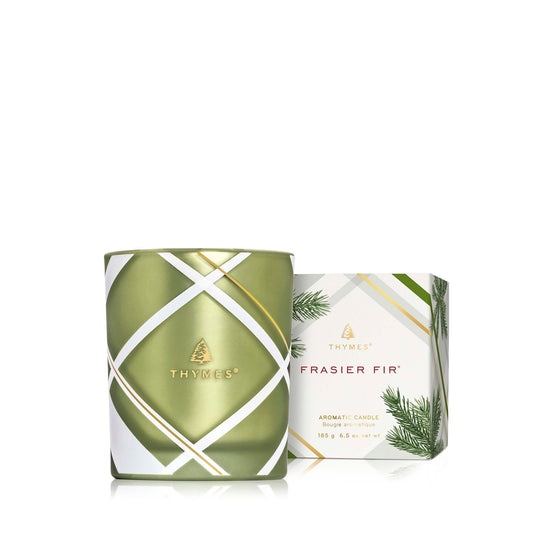 Thymes Frasier Fir Candle – Frosted Plaid Jar Candles – Green & White Candle Jar Design – Scented Candles with Notes of Siberian Fir, Cedarwood & Sandalwood – Holiday Candles (6.5 oz)