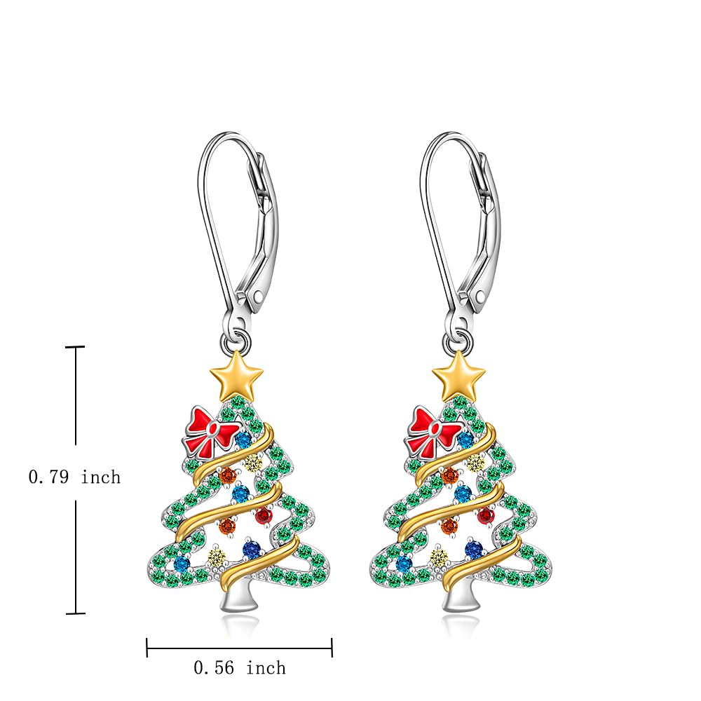 Christmas Tree Earrings Christmas Earrings Women Sterling Silver Dangle Drop S925 Leverback Green Tree X Mas Jewelry