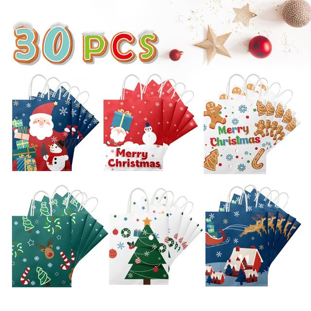 Kidtion Christmas Gift Bags 30 PCS, 7.5"x9"x3.5" Durable Christmas Bags with Tissue Paper, 6 Styles Gift Bags Bulk with Handles, Reusable Small Gift Bags Xmas Paper Bags, Party Favors Holiday Gift Bags, Colorful