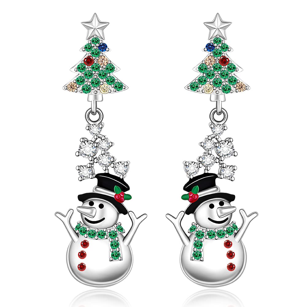 Christmas Tree Snowman Earrings for Women Sterling Silver Tree with Star Holiday Dangle Drop Earrings Colorful CZ Xmas Gifts