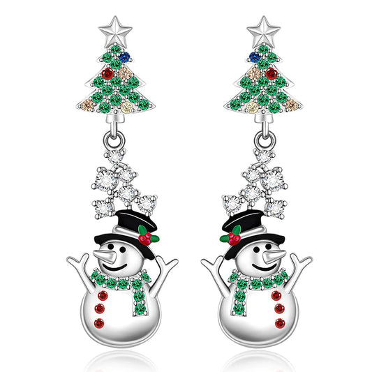 Christmas Tree Snowman Earrings for Women Sterling Silver Tree with Star Holiday Dangle Drop Earrings Colorful CZ Xmas Gifts