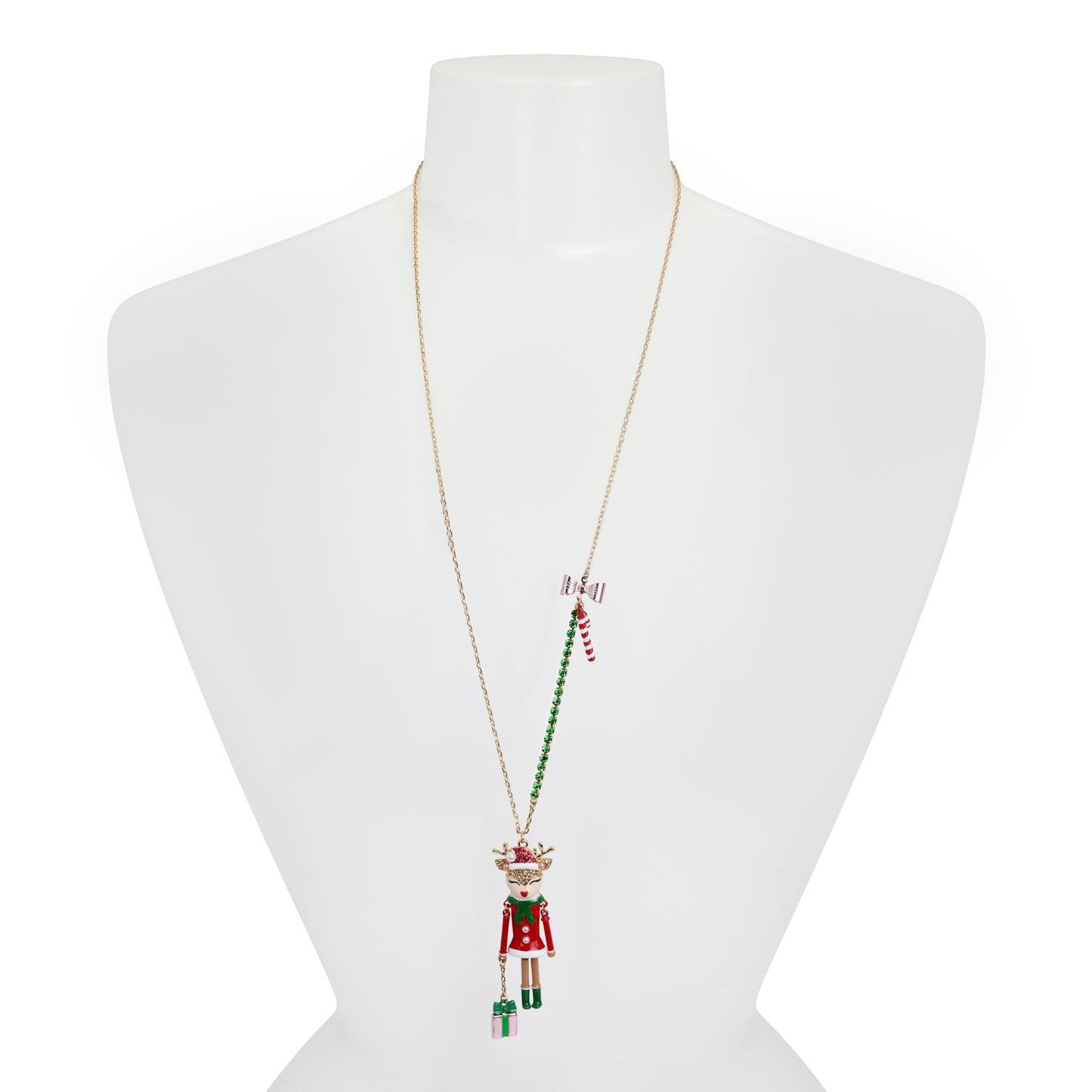 Betsey Johnson Womens Jingle Bell Bling Christmas Reindeer Pendant Necklace