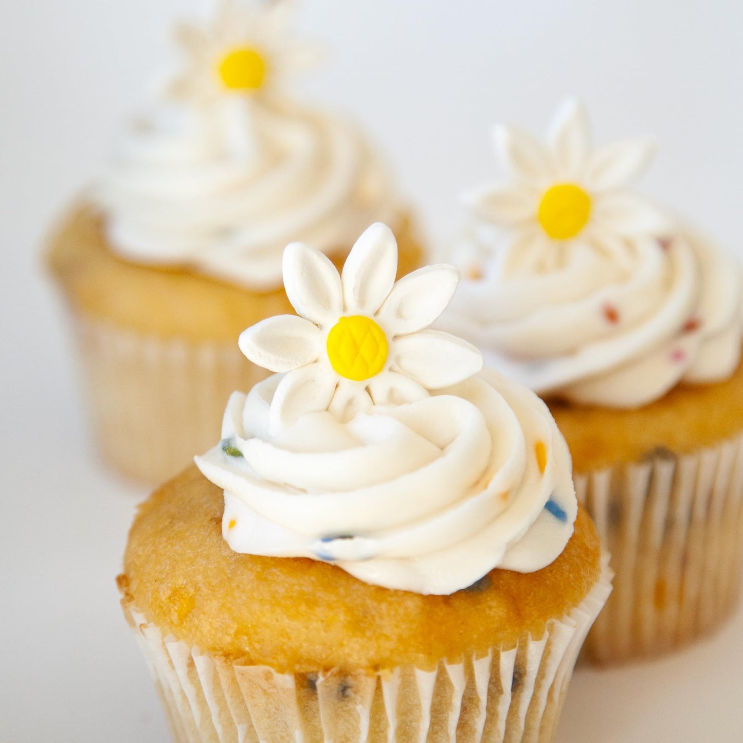 Edible Daisy Cake Decorations, 18 Count White and Yellow Sugar Flowers, Unwired 1 Inch, Daisy Cupcake Toppers, Edible Flowers Cake Decorations by Chef Alan Tetreault, Global Sugar Art