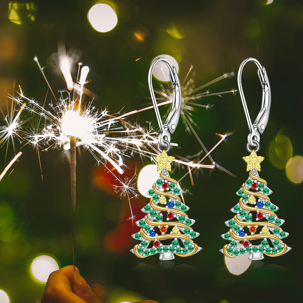 Christmas Earrings Christmas Tree Earrings for Women Sterling Silver Ribbon Green Xmas Tree Colorful Zircon Winter Dangle Studs Holiday Jewelry Gifts