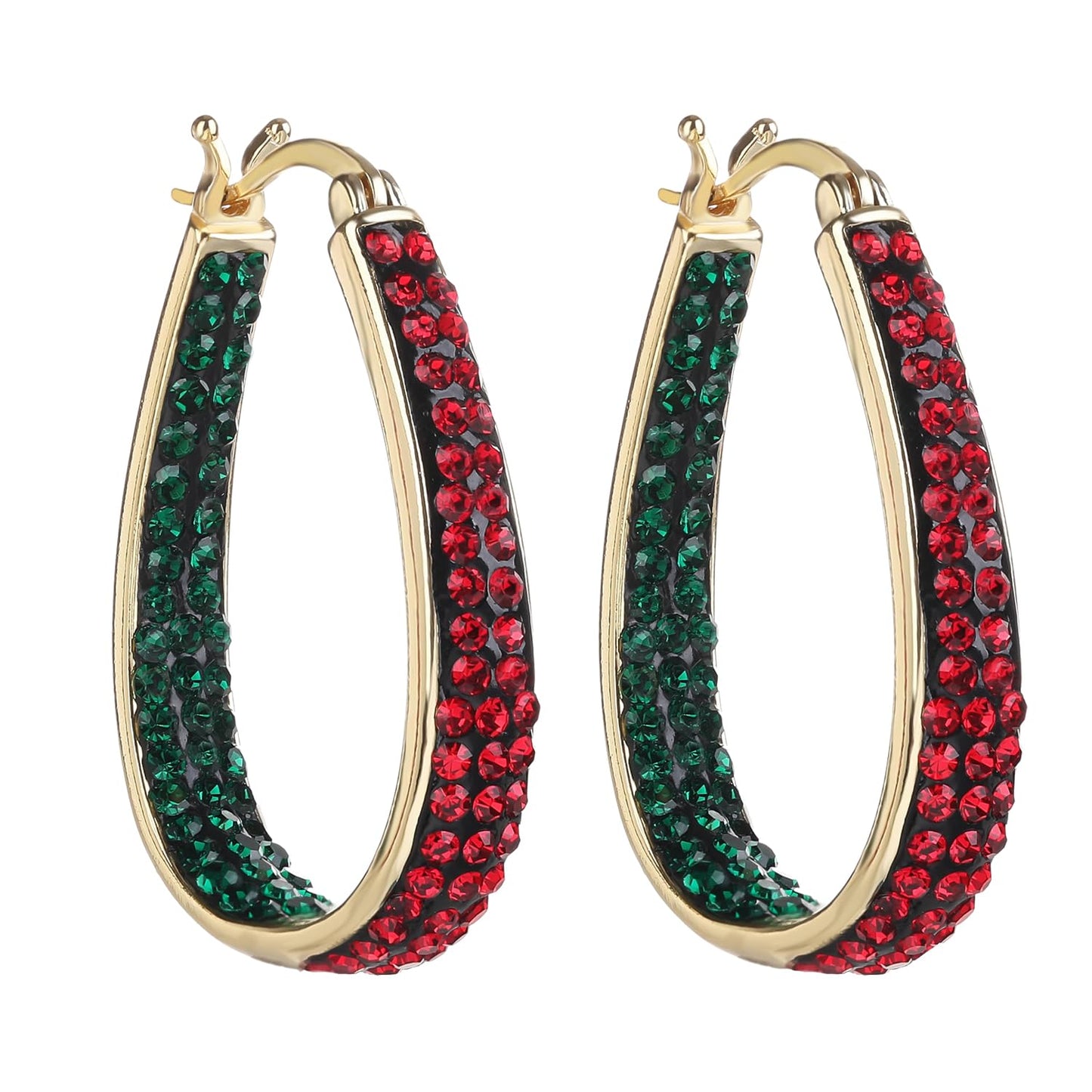 Crystal Hoop Earrings - Silver Plated Inside Out Oval Shape Hoop Earrings for Women, 1.2 Inch (Christmas Gold Plated)