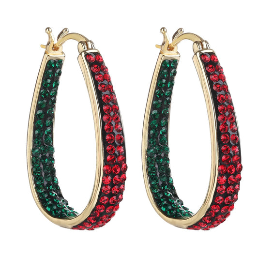 Crystal Hoop Earrings - Silver Plated Inside Out Oval Shape Hoop Earrings for Women, 1.2 Inch (Christmas Gold Plated)