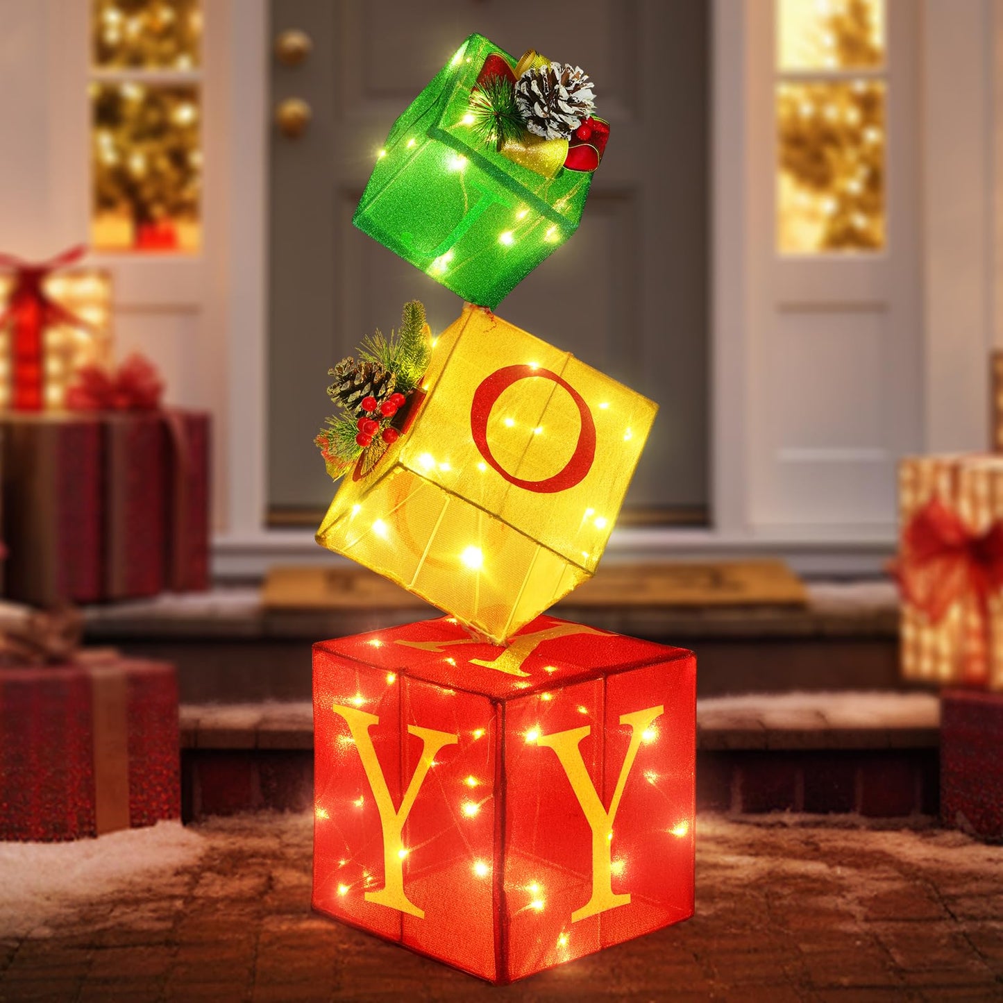 COVFEVER Christmas Joy Lighted Gift Boxes Decorations Set of 3, 2.8Ft Stackable Christmas Nesting Boxes Battery Operated for Home and Party Decoration