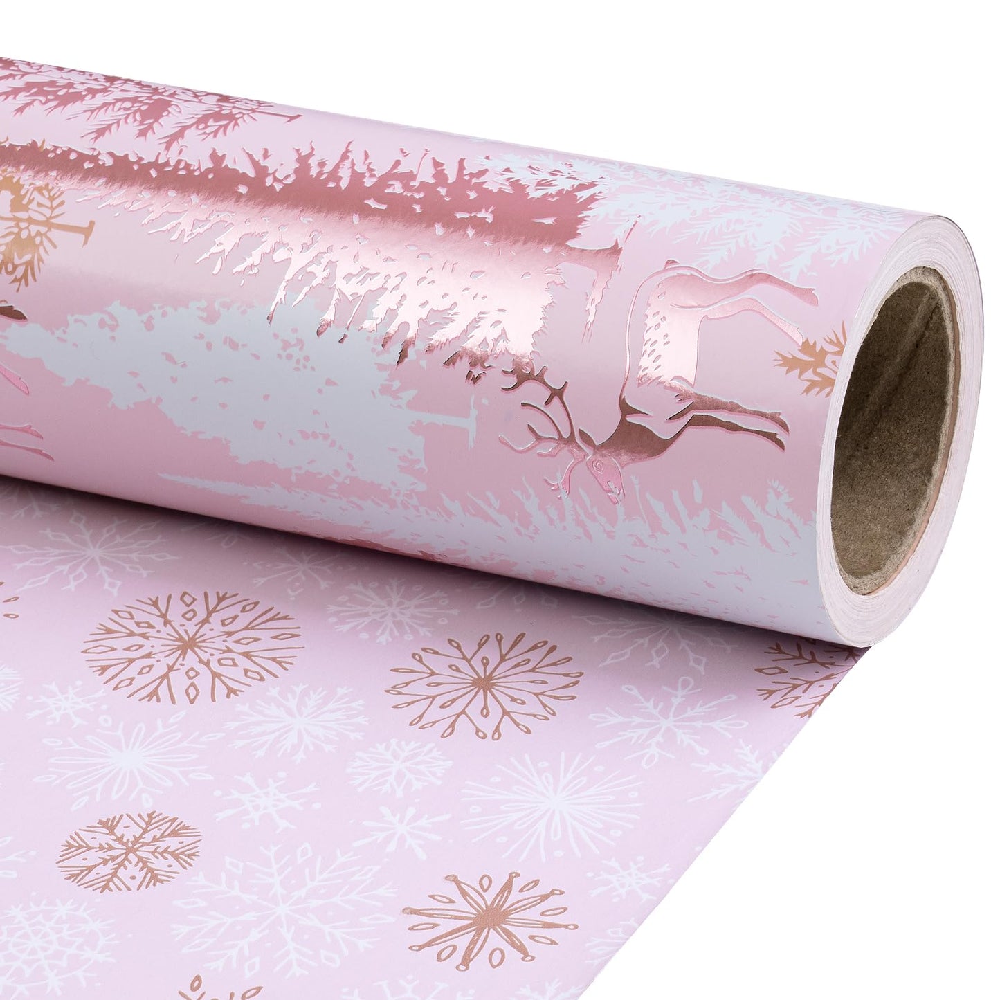 RUSPEPA 30" X 32.8' Reversible Christmas Wrapping Paper Large Paper Roll, Jumbo Roll, Rose Gold Foil Pink Reindeer and Tree Design, Snowflakes Gift Wrap for Girls, Women, Friends, Xmas Holiday Gifts