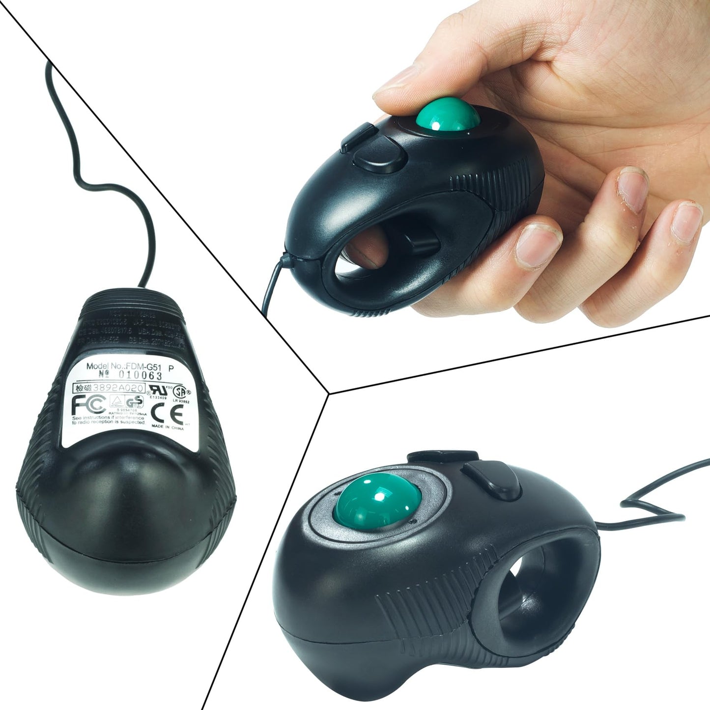 YUMQUA Finger Mouse, Handheld Trackball Mouse Mini 4D USB Hand Held Wired Pointer Thumb Ball Mice with Roller for Laptop Mac Window Computer Fits Left and Right Handed Users