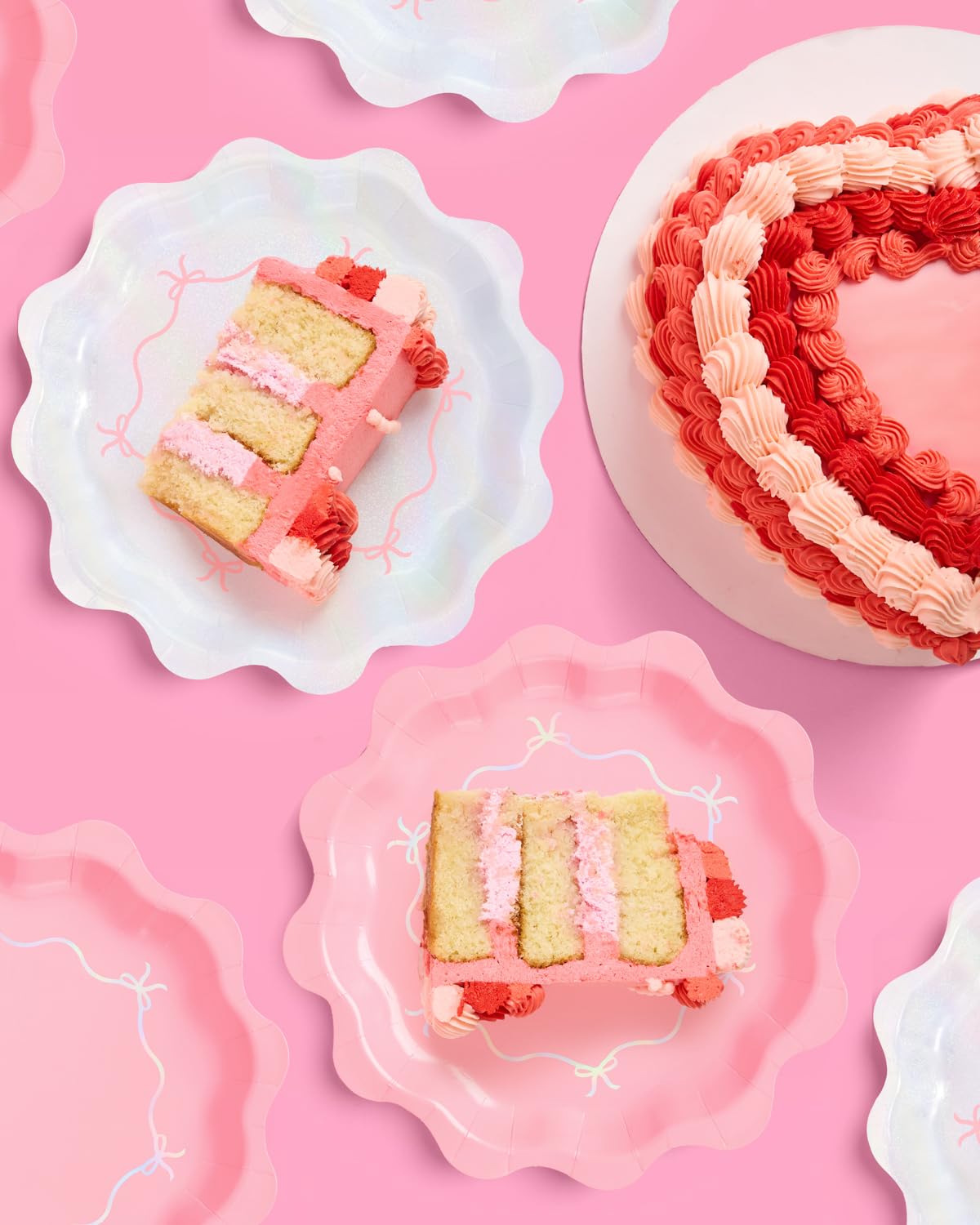 xo, Fetti Pink + Iridescent Wavy Bow Plates - 24 pcs | Bachelorette Decorations, Happy Birthday Party, Baby Shower, Cute Disposable Tableware, Bday Supplies, Bridal Shower