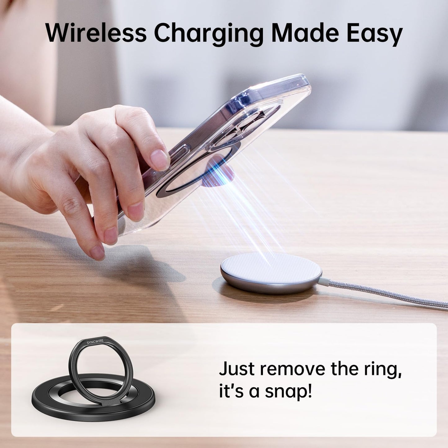 SYNCWIRE Upgraded Magnetic Phone Ring Holder for MagSafe, Magnet Cell Phone Grip Stand Finger Ring Kickstand Two-Sided Magnetic Compatible with iPhone 16 Pro Max 15 14 13 12 MagSafe Accessories
