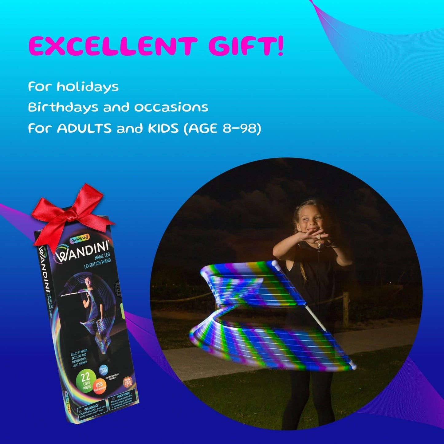 Wandini Glow.0 Magic Wand Collapsible LED Levitation Wand - USB Rechargeable Floating Wand - LED Light Wand with 22 Color Light Modes – Patented, Expertly Balanced LED Flow Wand Levitation Stick