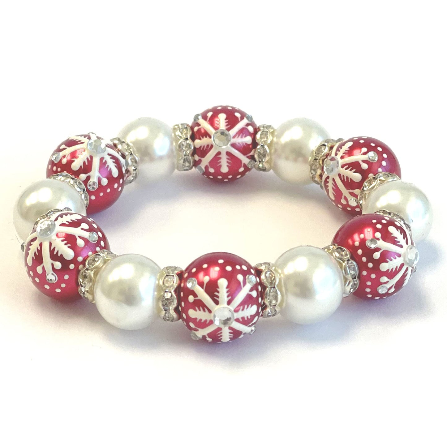 Christmas Glass Beaded Bracelet for Her, Holiday Birthday Gift Idea for Women, 1 pc (Red Snowflake)