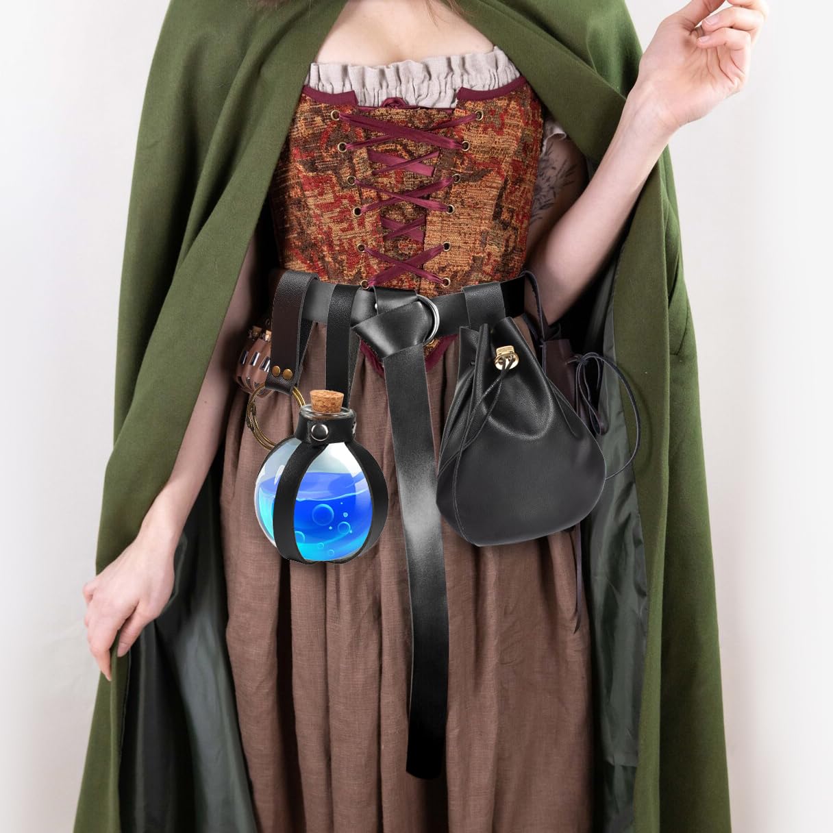 SUMGOGO 4 Pcs Halloween Renaissance Belt Pouch Witch Bottle Skirt Hikes Medieval Viking Pirate Leather Belt Costume Set (Black)