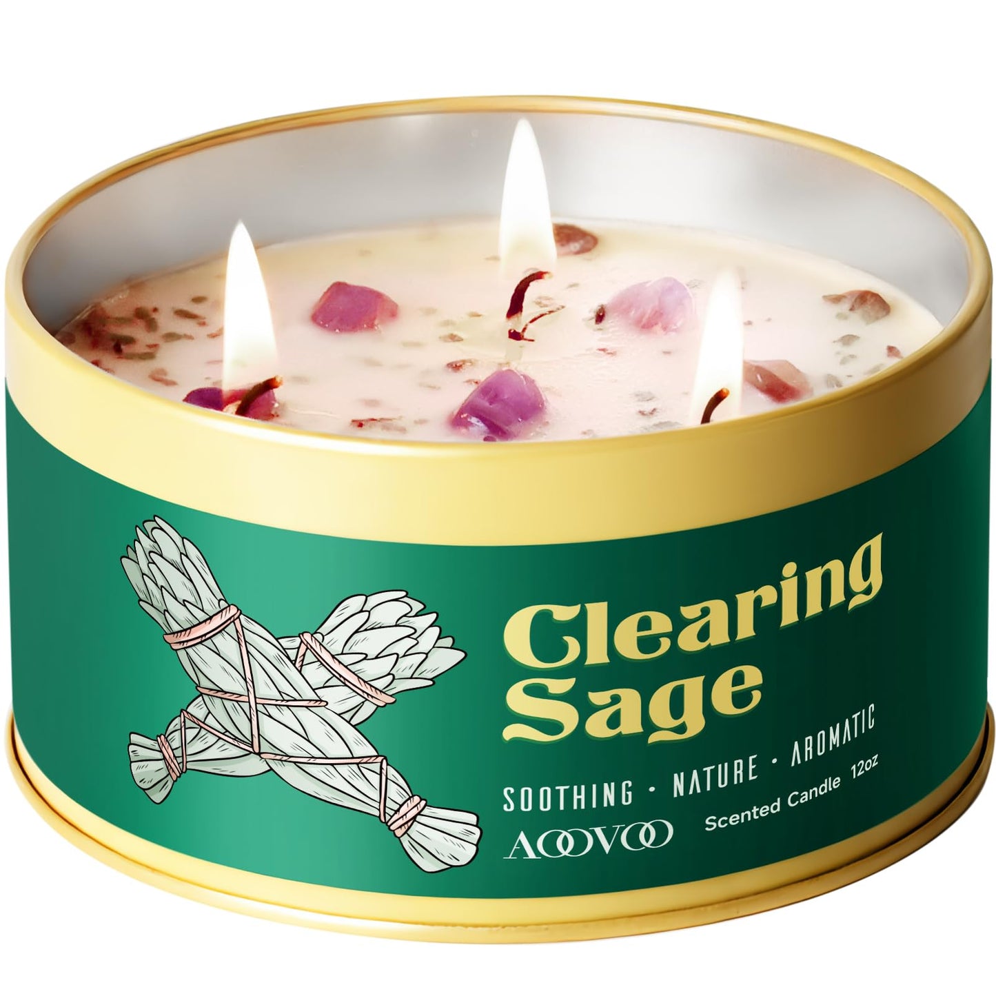 AOOVOO Sage Candle for Cleansing - 3 Wick 12oz Large Scented Candle with Crystals & Sage Leaves Inside, Soy Candles Non Toxic for Meditation Spiritual Gift, Aromatherapy Candle for Women Men