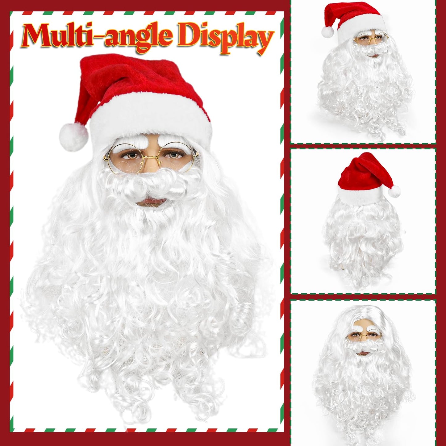 MOVINPE Santa Claus Beard and Wig Set for Adult Men Santa Costume Accessories, Beard Wig Eyebrows Hat Glasses Gloves Satin Gift Bags Hand Bell, Perfect for Holiday Celebrations Parties Festive Events