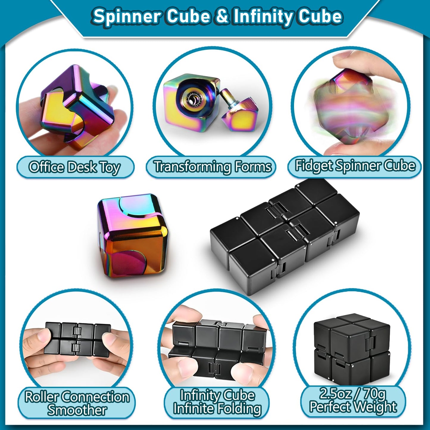 Dr.Kbder 5 Pcs Fidget Toys Adults Set, EDC Cool Desk Gadgets Office Spinner Toys for Teen Kid with Metal Fidgets Infinity Cube Figits Ring Bike Chain ADHD Stress Anxiety Relief Gift for Boys Girls
