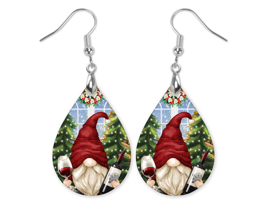 Christmas Gnome Earrings Teardrop Dangle Drop Holiday Festive Jewelry Stocking Stuffer Gift for Women Handmade by The Painted Pug (Wine Gnome)