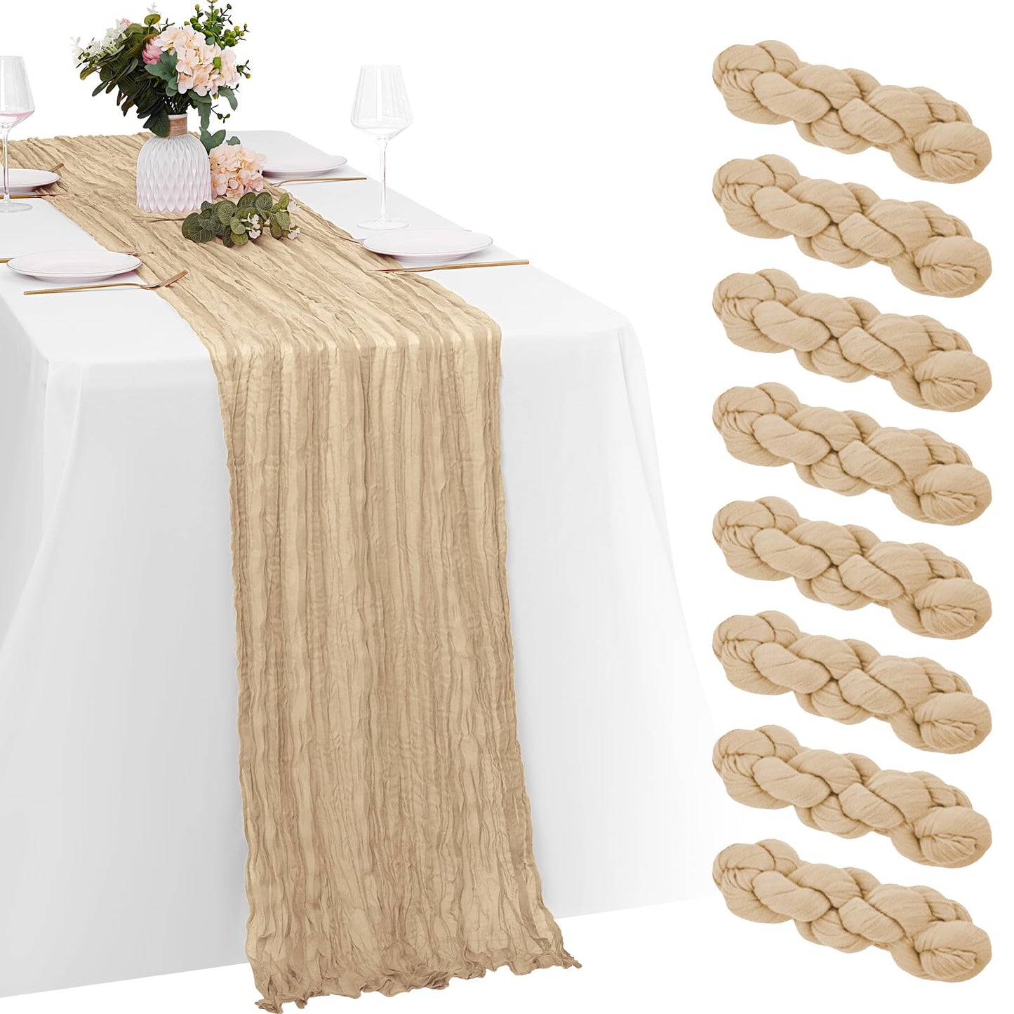 8 Pack Beige Cheesecloth Table Runners 20x120 Inch Gauze Table Runner Cheese Cloth 10FT Beige Table Runner Rustic Sheer Runner for Wedding Birthday Party Baby Shower Table Decor