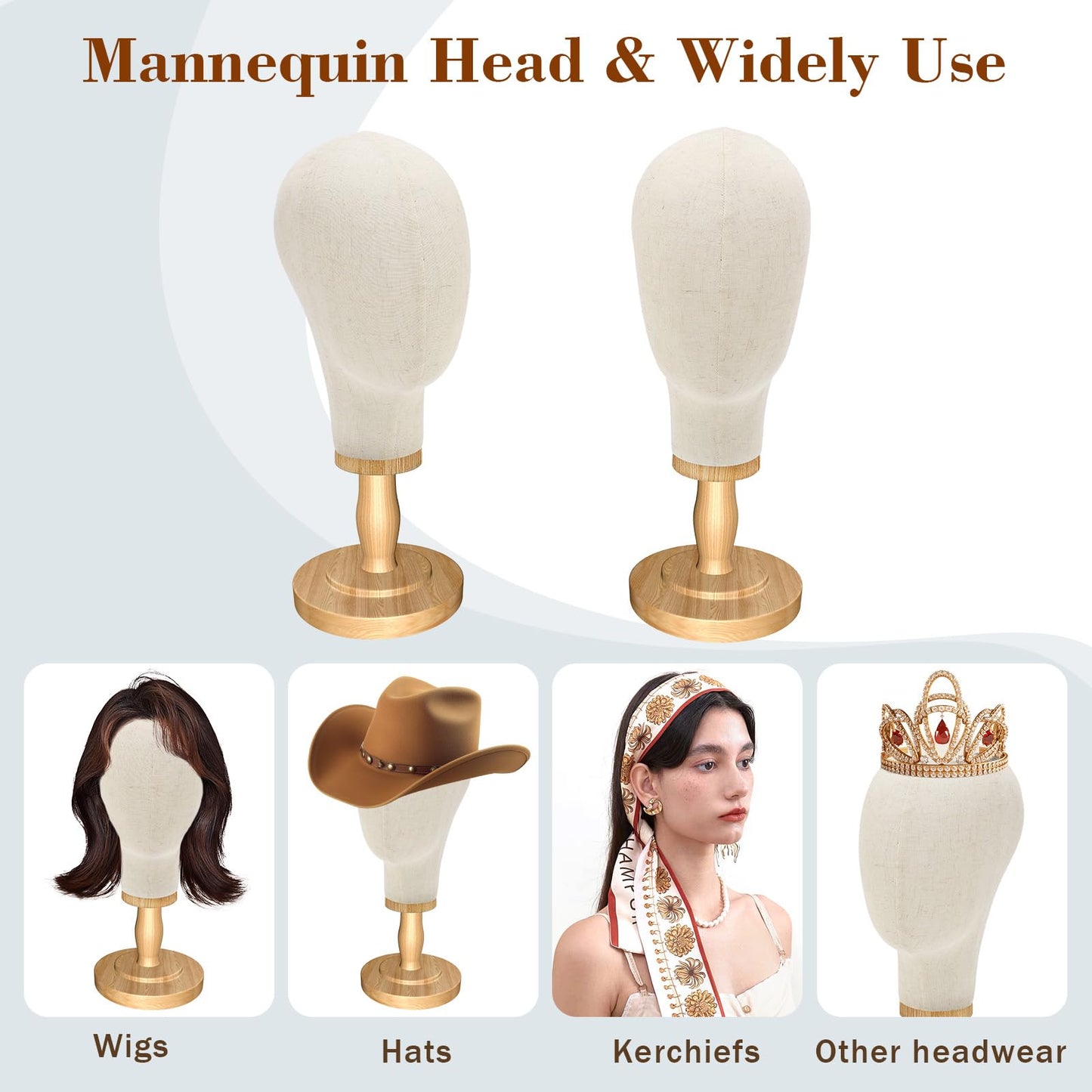 Wig Stand, 22inch Mannequin Head with Detachable Wood Base,Canvas Head Holder for Hair Styling Jewelry Glasses Headband Display, Wig Stand for Wigs,Hats, Caps, Headdress, Beige