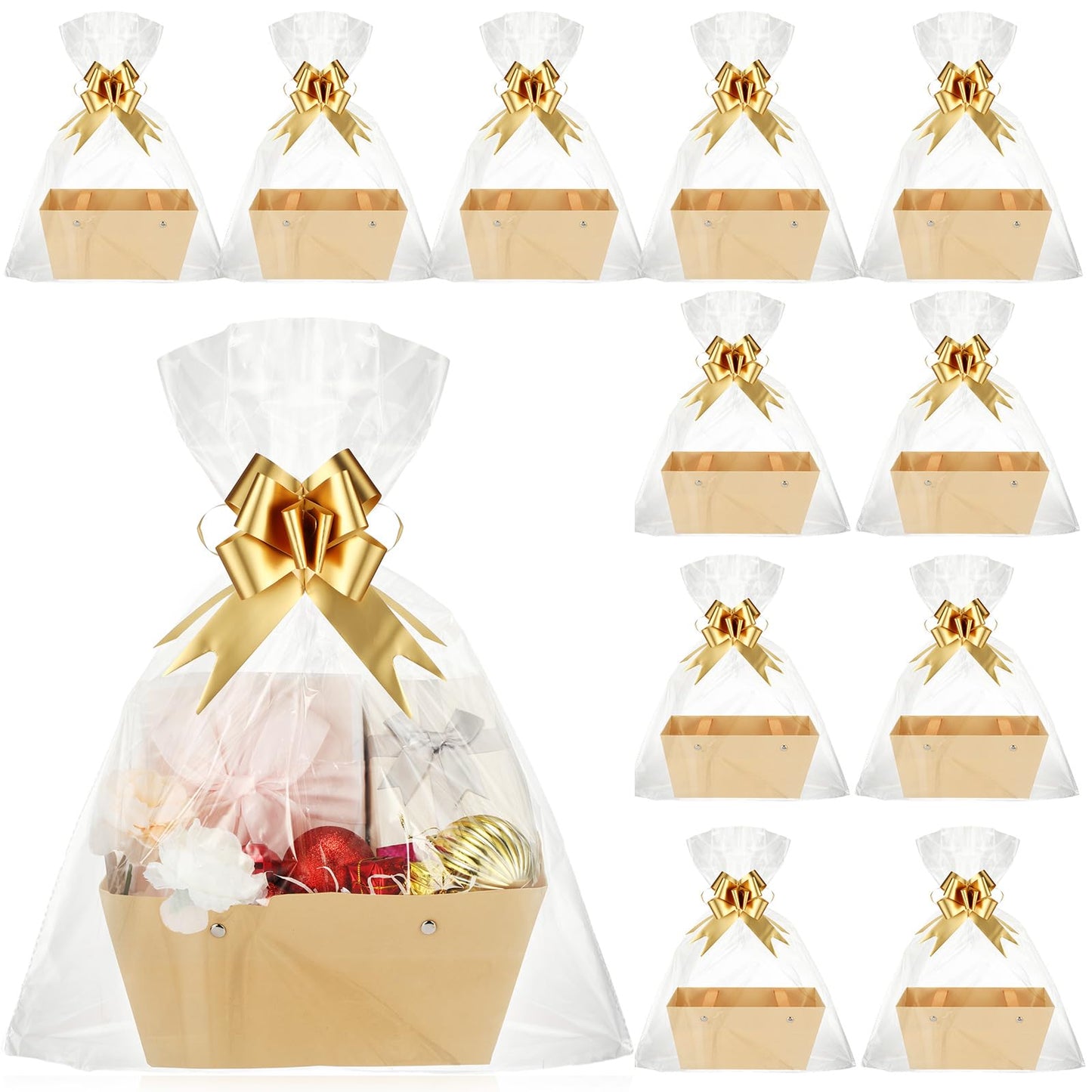 Colarr 12 Pack Baskets for Gifts Empty Bulk Kraft Empty Gift Basket Kit with Handle Wrapping Bag Bow Sturdy Market Tray to Fill for Wedding Bridal Shower Birthday Christmas Party Favor(Gold)