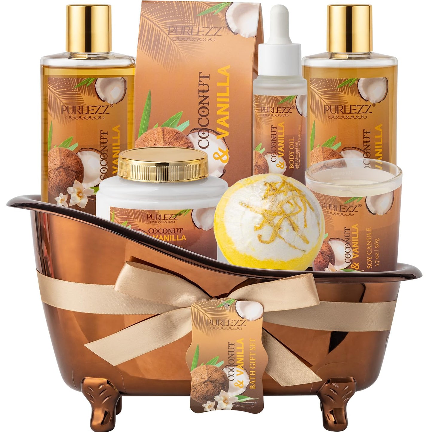 Spa Gift Basket for Women, Coconut & Vanilla Luxury Home Spa Kit, 8pcs Bath Gift Set, Birthday Gift for Women Unique with Bath Bombs, Scented Candle, Body Lotion, Spa Bath Sets for men Gift