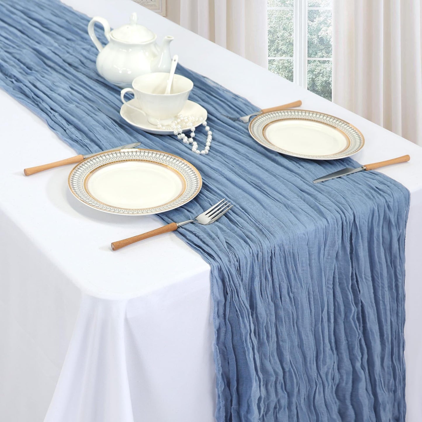6 Pack Dusty Blue Table Runner 10ft Boho Gauze Fabric Cheesecloth Table Runner 35 x 120 Inch Rustic Sheer Runner for Wedding Decor Baby Shower Party Table Centerpiece Decorations