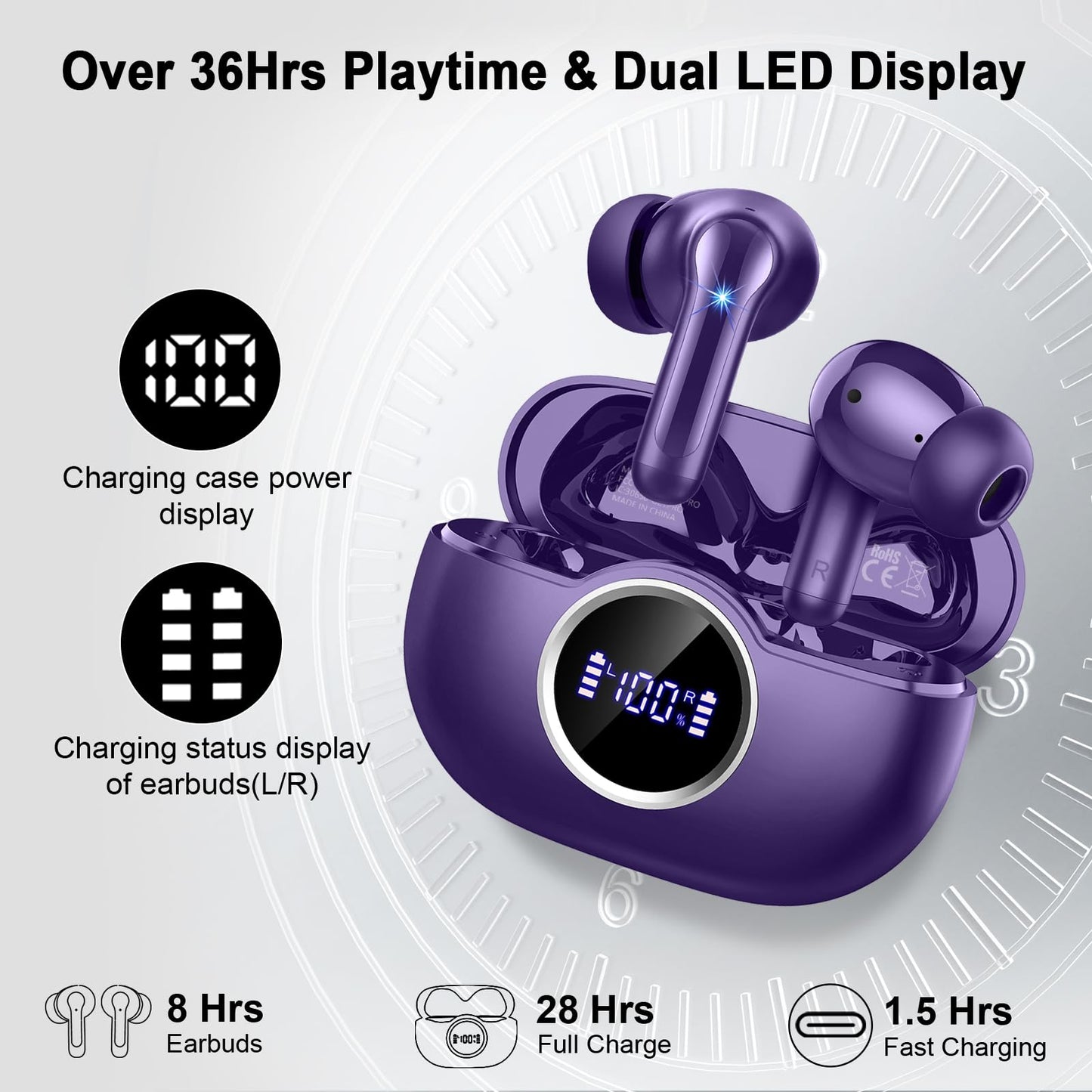 Wireless Headphones Bluetooth 5.4 Earbuds, 2025 Ear Buds Deep Bass Hi-Fi Stereo, 4 ENC Noise Cancelling Mic, 40Hrs USB Fast Charging in-Ear Earphones, IP-X7 Waterproof Workout Sport for Android iOS