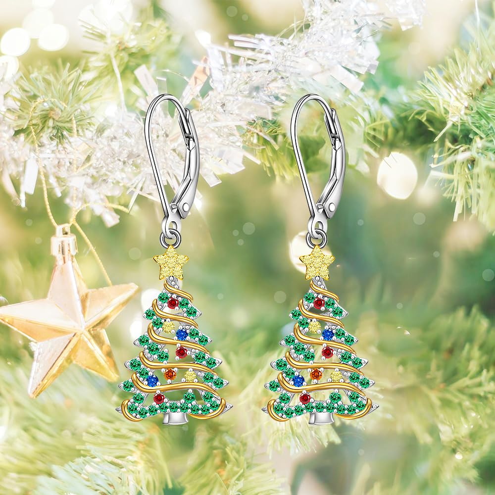 Christmas Earrings Christmas Tree Earrings for Women Sterling Silver Ribbon Green Xmas Tree Colorful Zircon Winter Dangle Studs Holiday Jewelry Gifts
