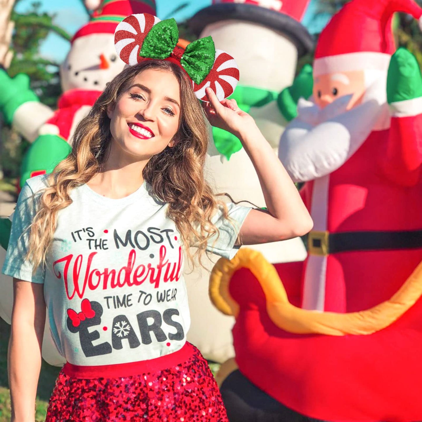 Christmas Mouse Ears Headband, 2 PCS Christmas Ears for Women Kids, Sequin Bow Headbands for Christmas Parties Cosplay Costume (Peppermint Green & Red Snowflake)