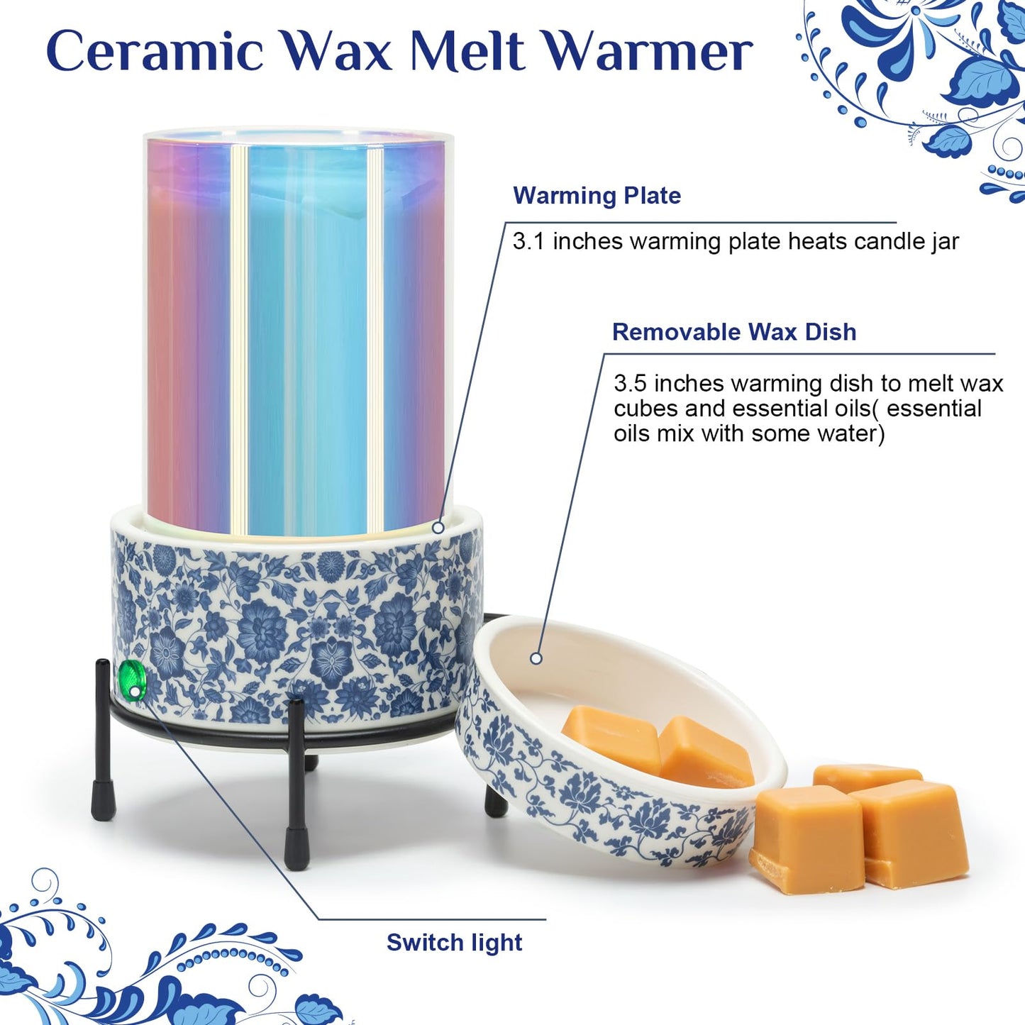 NAFANG Blue & White Porcelain Pattern Wax Melt Warmer,Ceramic 3-in-1 Electric Candle Wax Warmer for Scented Wax Melter Oil Burner for Home Office Bedroom Gift & Decor (with KD Iron Shelf)
