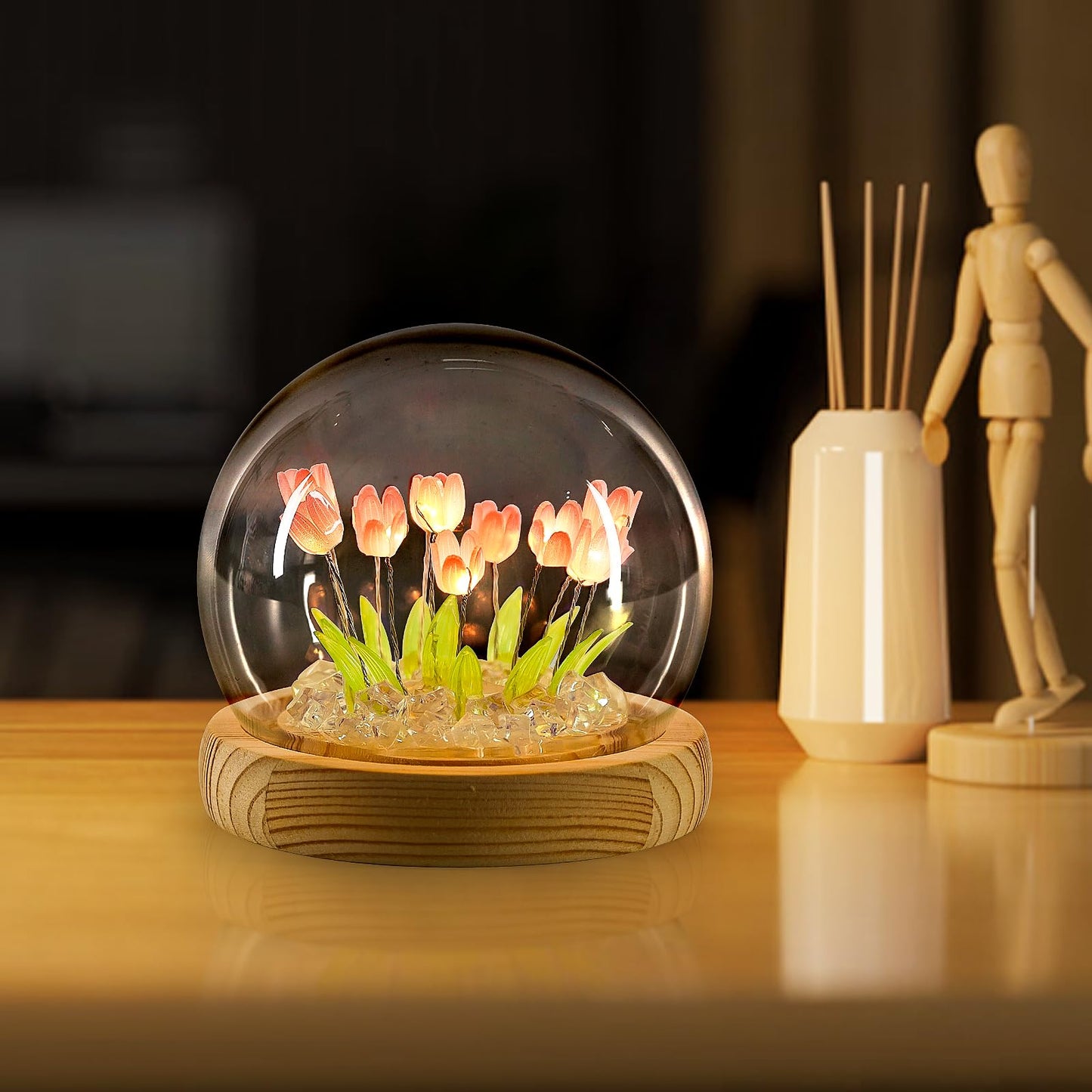 ONXE Birthday Flower Gifts for Mom,Tulips Night Light Small Glass Flower Lamp with Wooden Base for Home Decor Romantic Unique Christmas Gift for Women Girlfriend Sister Grandma Wife Her