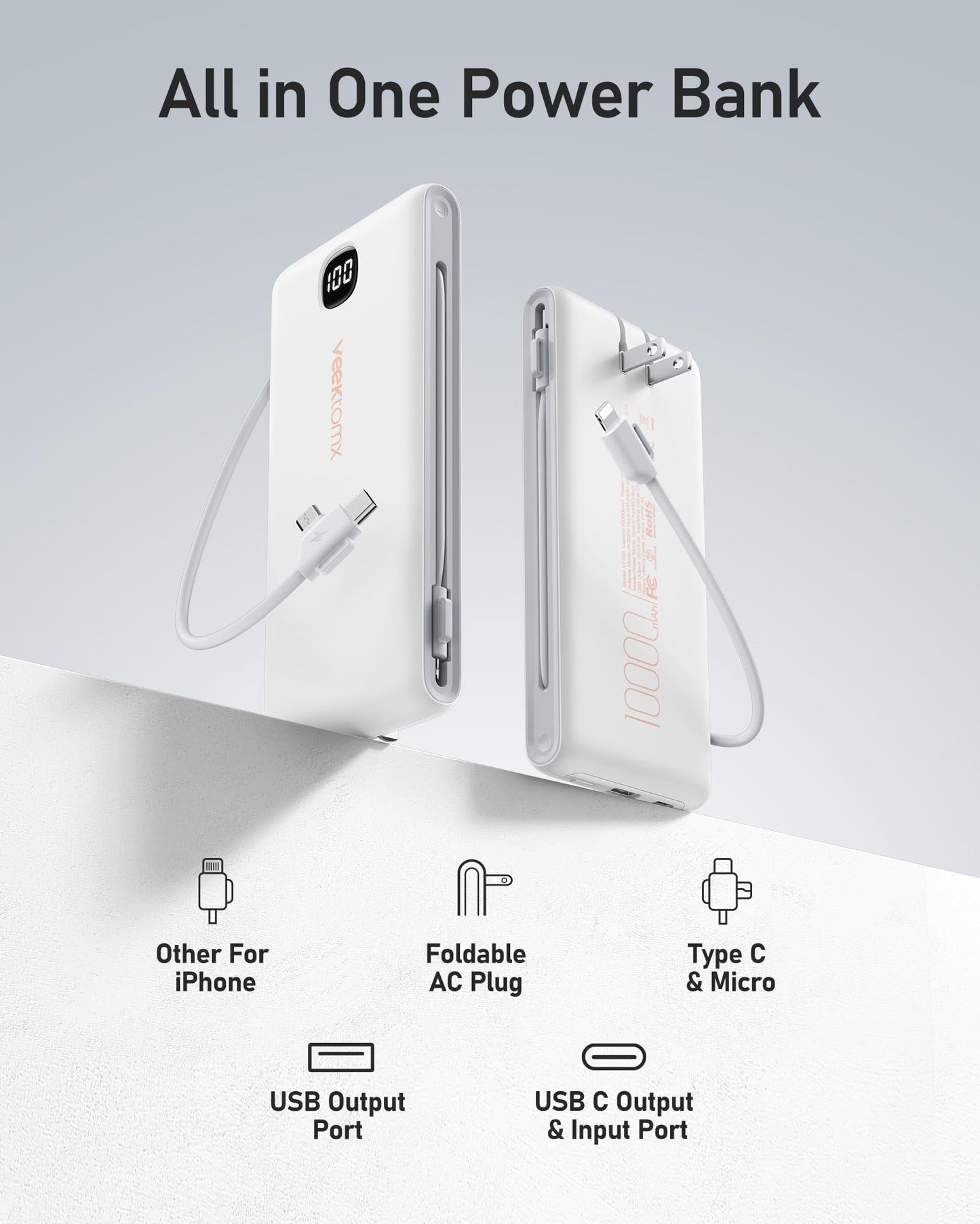 VEEKTOMX Portable Charger with Built in Cables 10000mAh, Power Bank for iPhone with Wall Plug, Travel Essential Fast Charging USB C Slim External Battery Pack for iPhone16/15/14, Samsung, iPad, etc