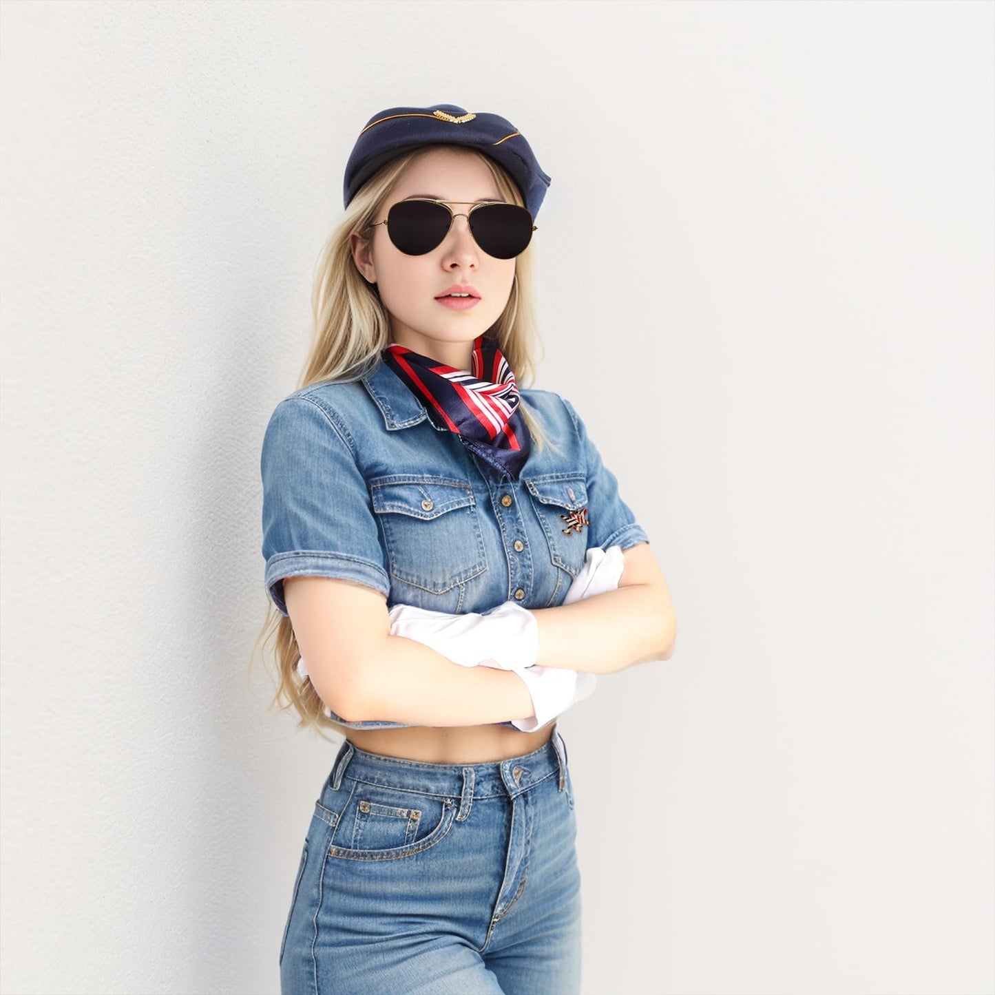 6 Pcs Flight Attendant Costume Accessories Women Airline Stewardess Outfits Flight Attendant Hat Pin Sunglasses Scarf Gloves