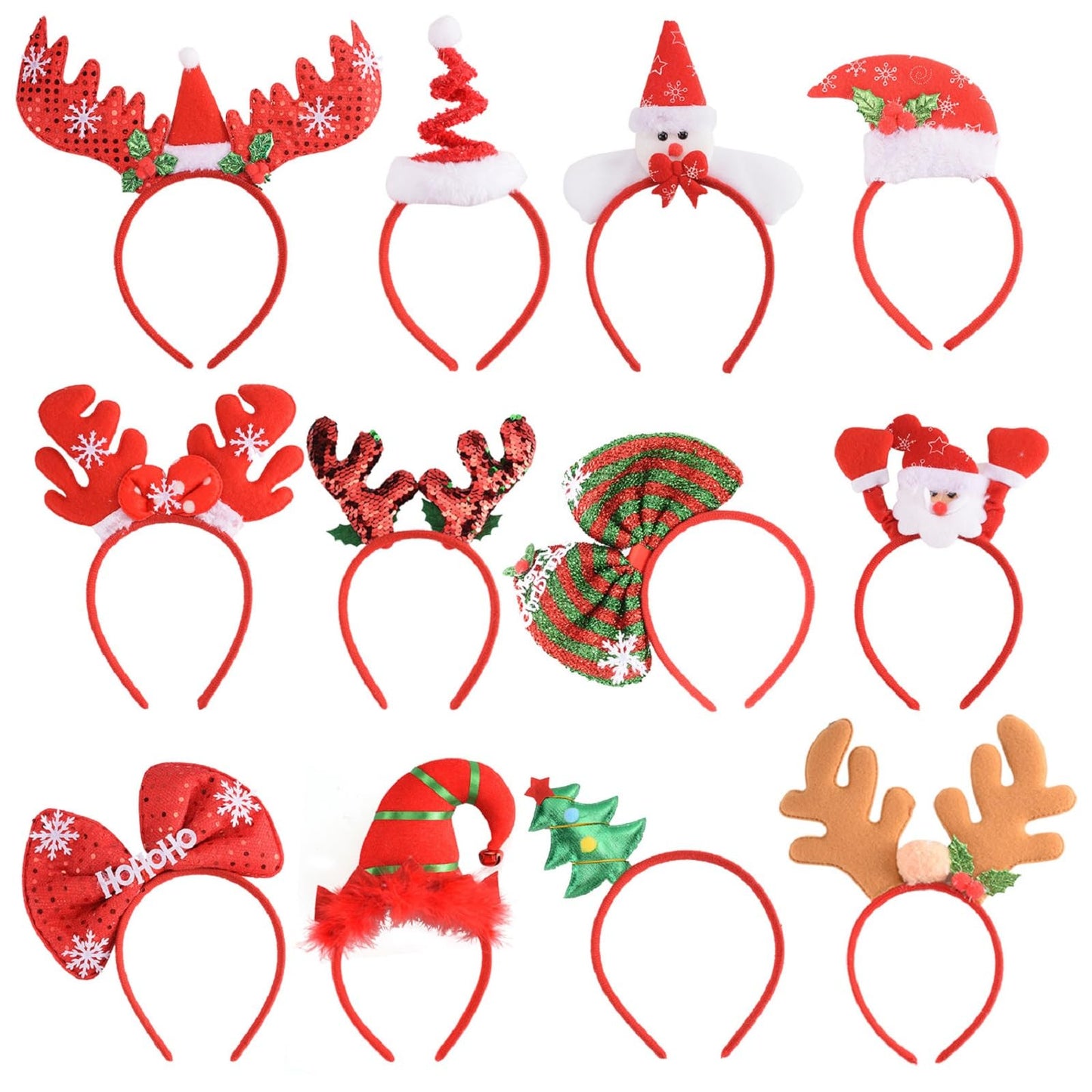 SEVEN STYLE 12 PCS Holiday Headbands, Cute Christmas Head Hat Toppers, Great Fun and Festive for Christmas Party Favors and Holiday Photos Booth