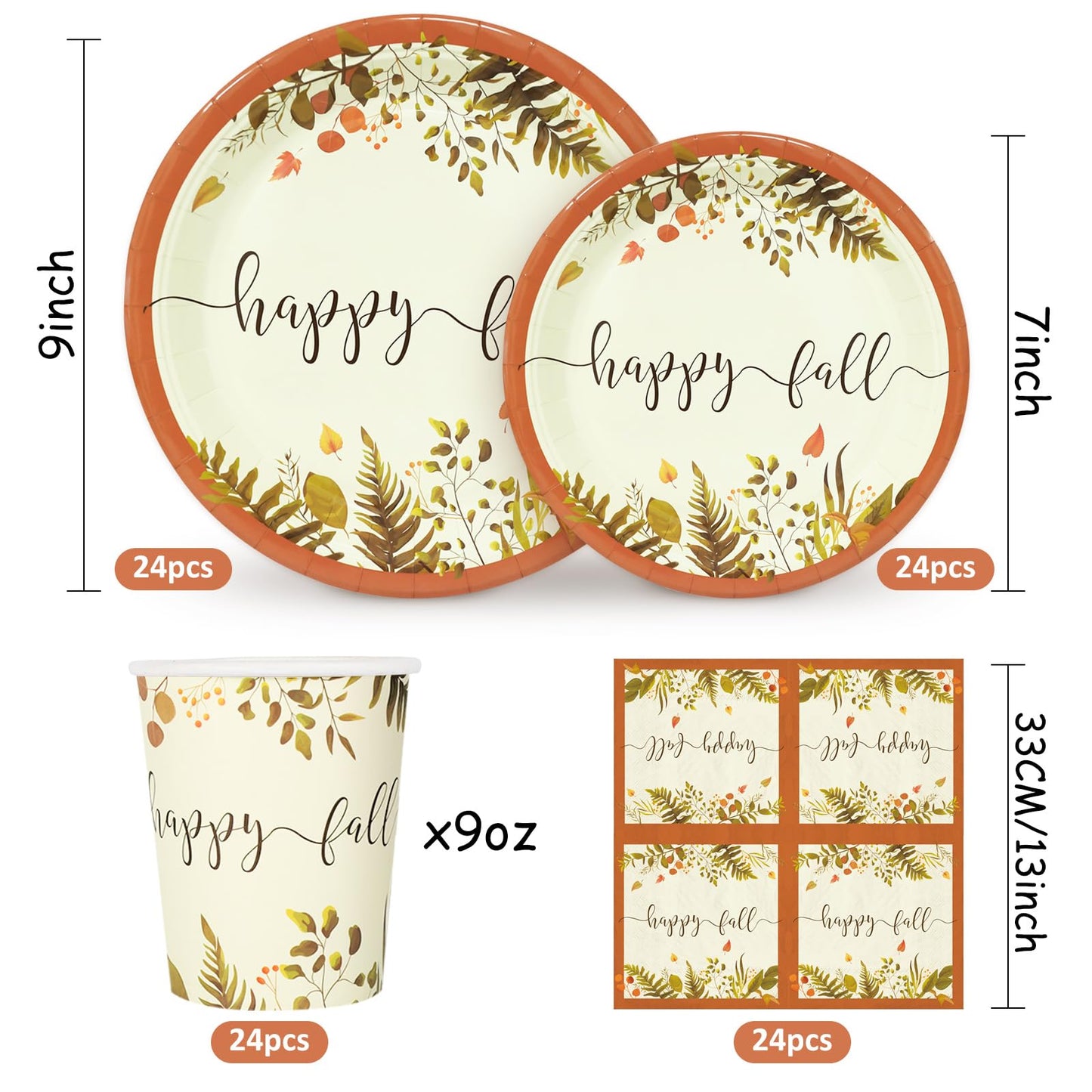 Whaline 24 Sets Fall Thanksgiving Paper Plates Cups and Napkins Party Decorations Rustic Autumn Leaves Disposable Paper Plates Happy Fall Paper Cups and Napkins for Holiday Wedding Birthday Party