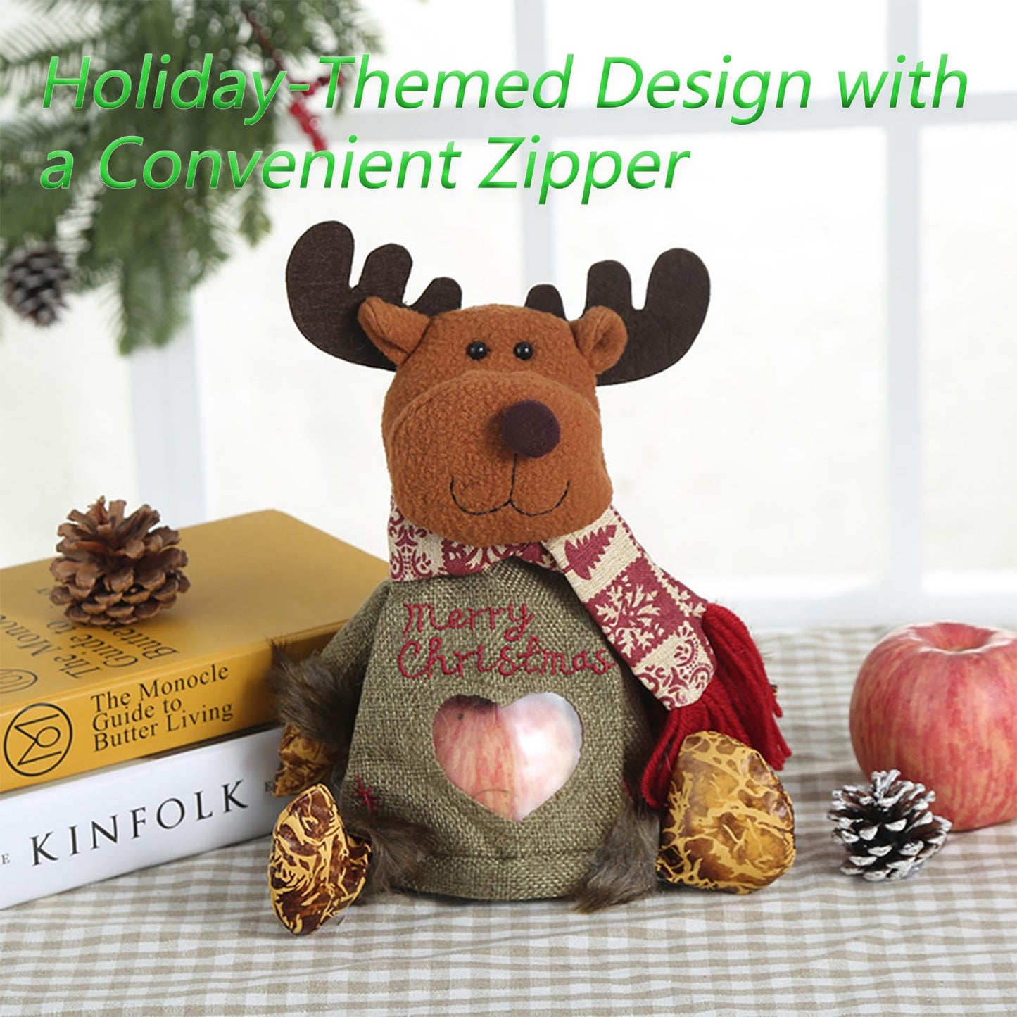 Christmas Gift Bags Zipper Design, 3D Doll Decoration, Flax Fabric Christmas Apple Bags Zipper Reusable, Xmas Candy Apple Bags with Santa Claus, Snowman, Reindeer for Festival Decor (3PCS)