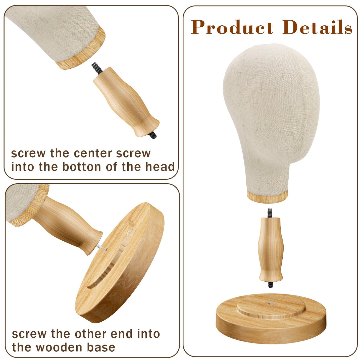 Wig Stand, 22inch Mannequin Head with Detachable Wood Base,Canvas Head Holder for Hair Styling Jewelry Glasses Headband Display, Wig Stand for Wigs,Hats, Caps, Headdress, Beige