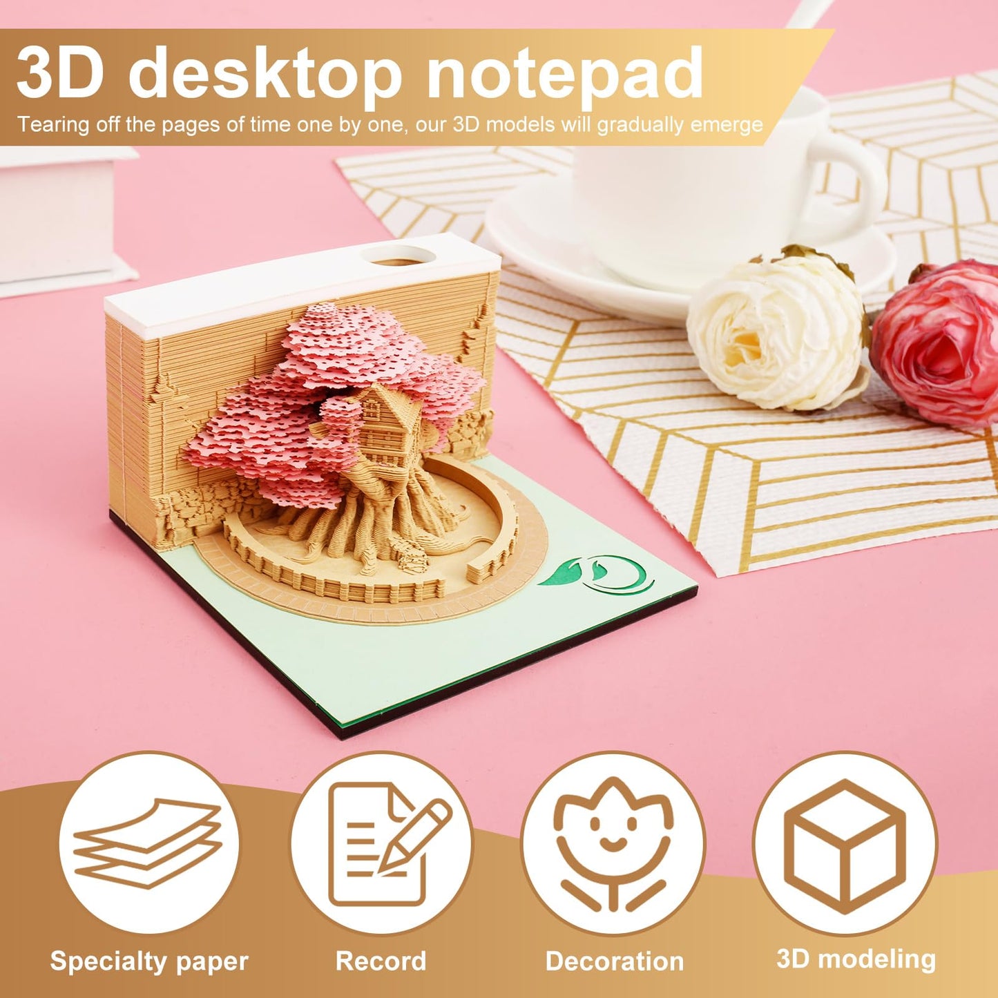 LAINIUTE 3D Art Calendar Memo Pad 2025, Desktop Decor with Light, Time Piece Calendar 2025, Weekly Tearable Paper Sculpture Calendar for Christmas Desktop Decoration (Pink Tree House Ornament)