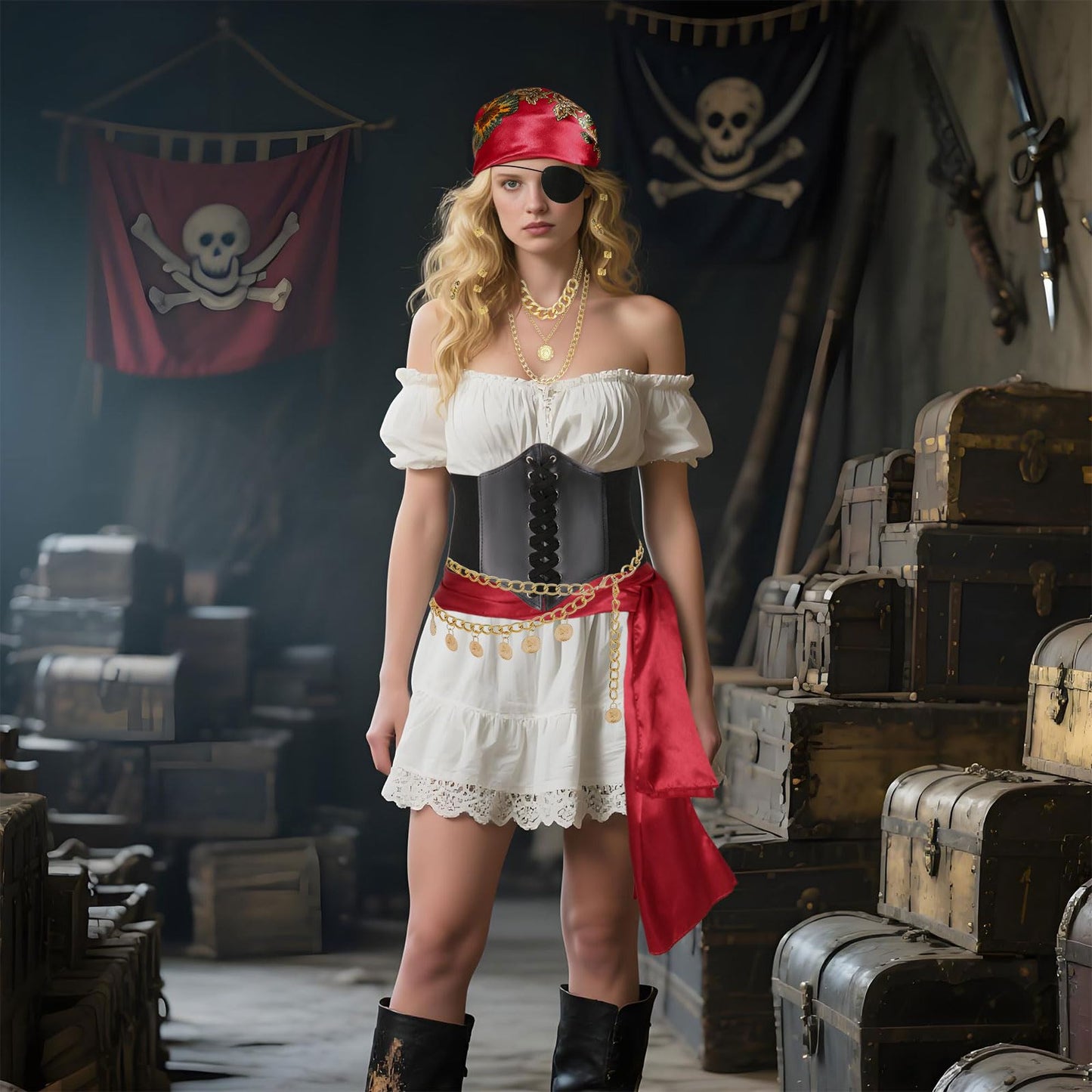 Vermeyen 8 Pcs Pirate Costume Accessories for Women with Head Scarf Wrap Pirate Corset Eye Patch Necklace Sash Chain Belt
