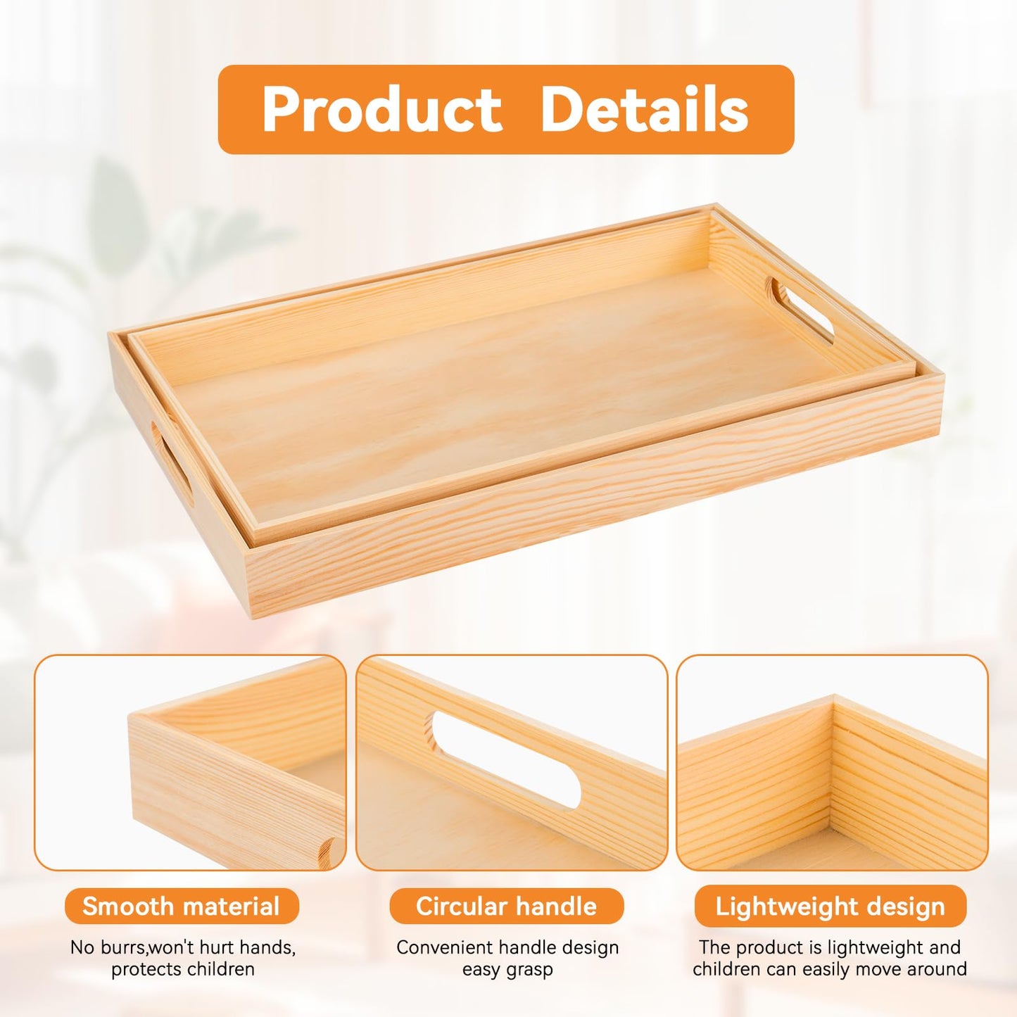 Wooden Serving Trays with Handle - 2 Pieces Unfinished Wood Nested Breakfast Food Serving Trays for Craft Kids Montessori Snacks Home Decor Kitchen Party Dinner