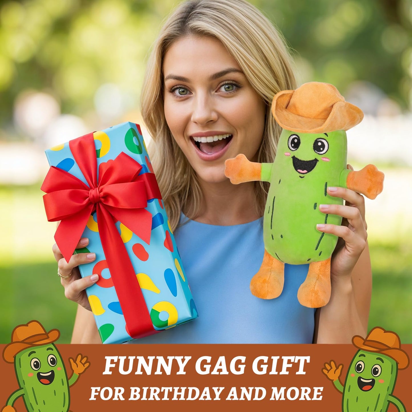 A AIFAMY Yodeling Plush Pickle - 10”Hilarious Singing Cucumber Toy - Funny Gag Gift Idea for Pickle Lovers, Adults, Friends and Family, Batteries Including